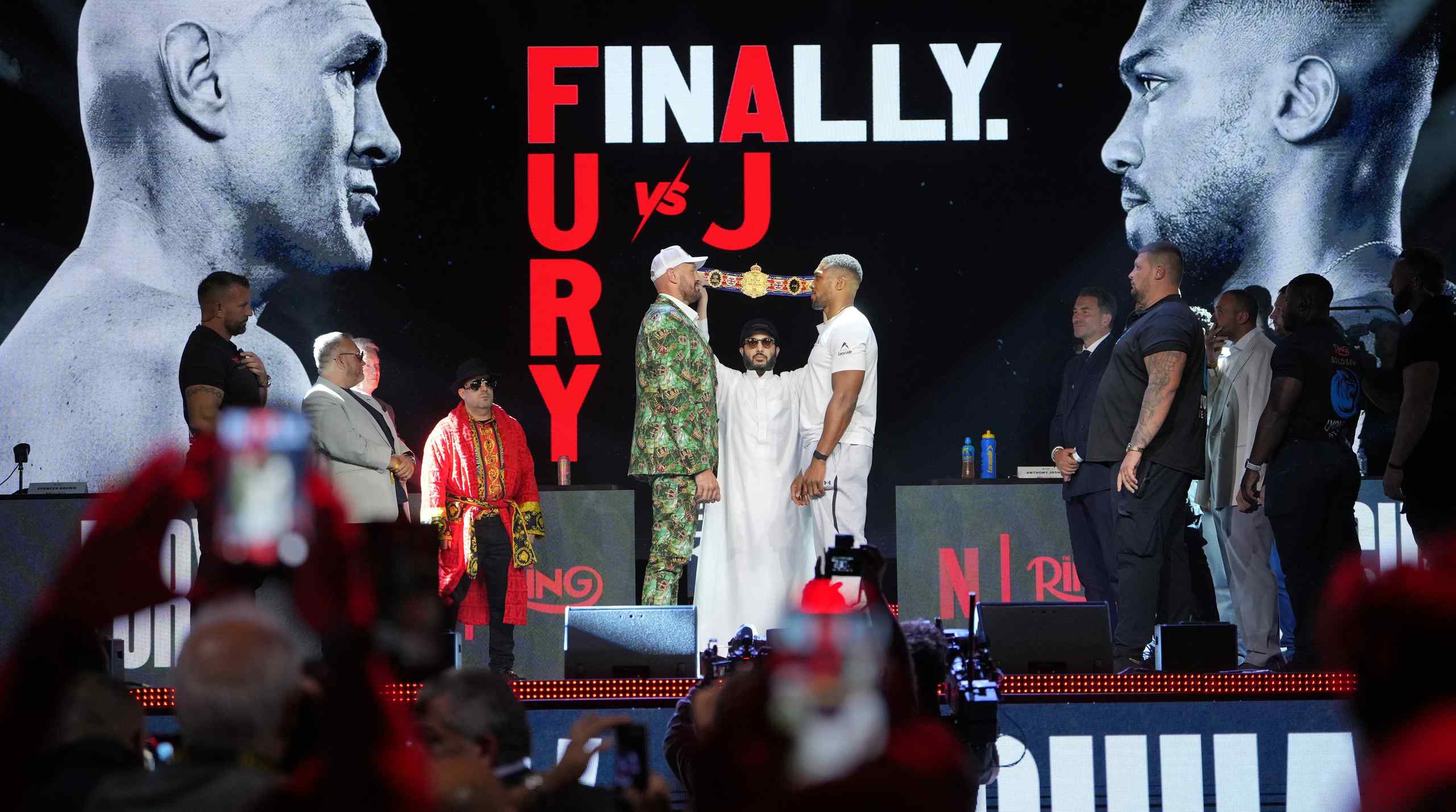 Tyson Fury and Anthony Joshua during a promotional event for their fight.